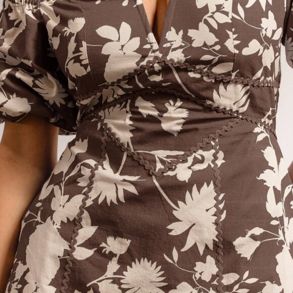 Coffee Brown Boho Women's Floral Off Shoulder Mini Vacation Dress - Picture 4 of 9